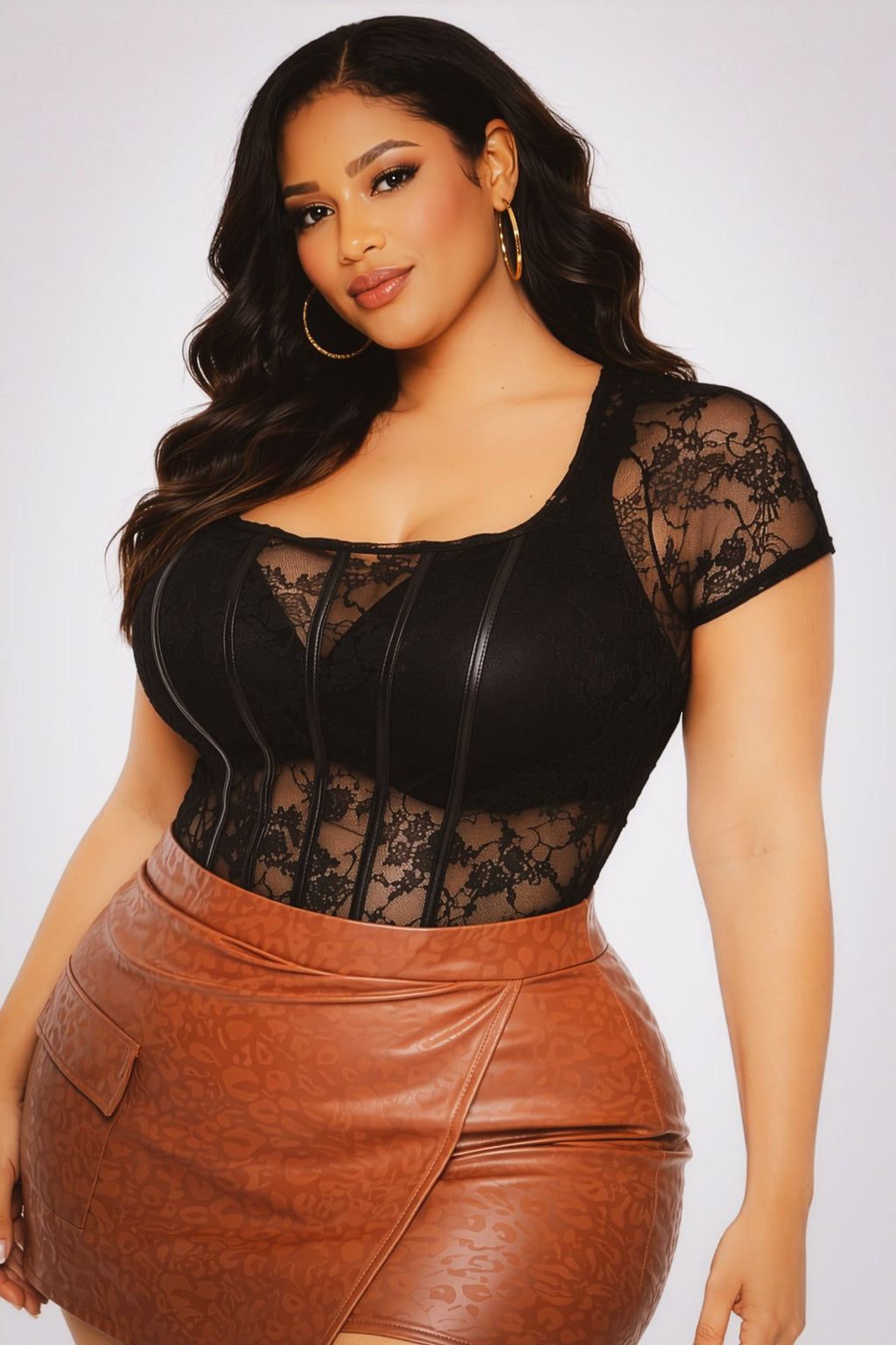 Plus Size Ena Vegan Leather Skort- Brown