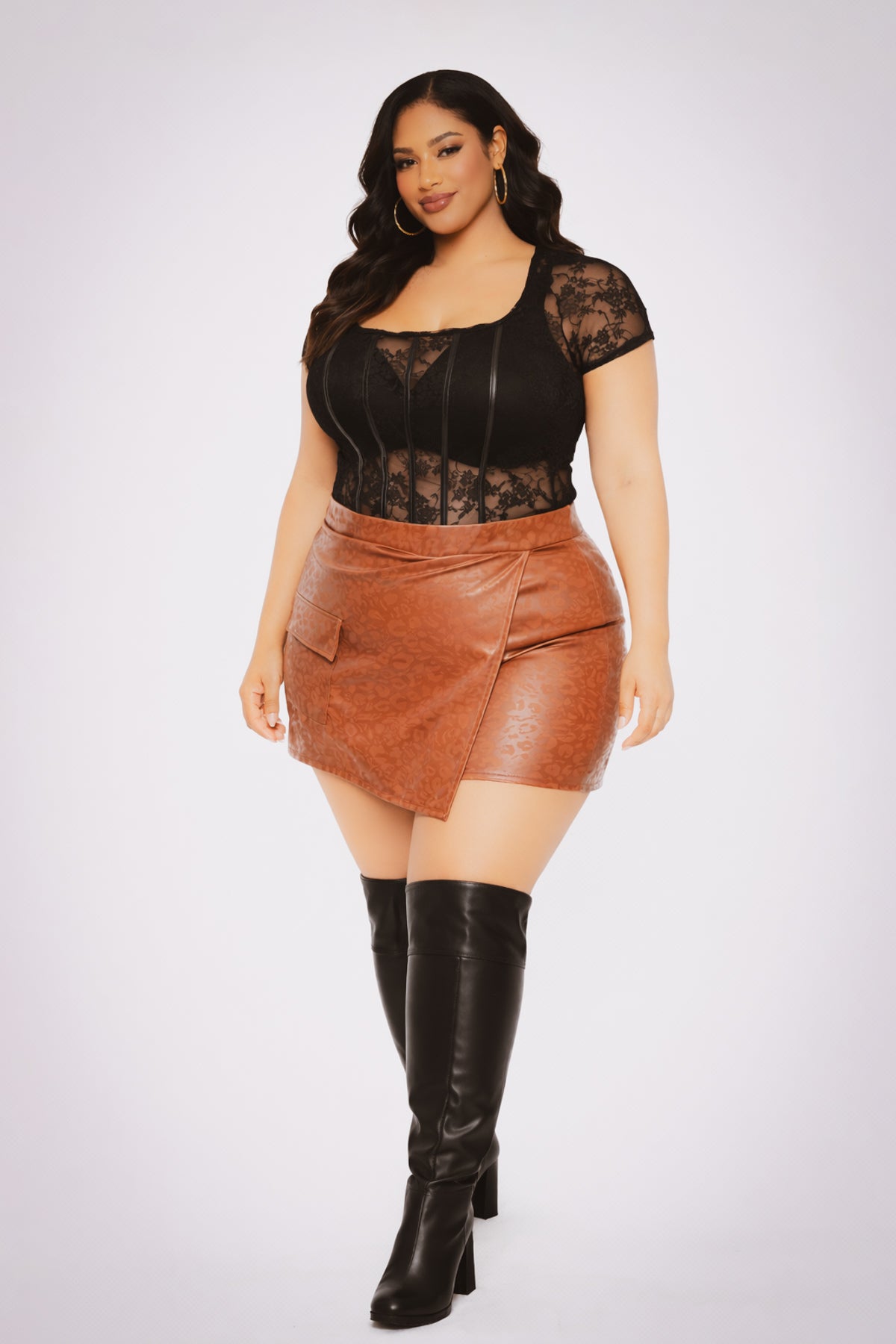 Plus Size Ena Vegan Leather Skort- Brown