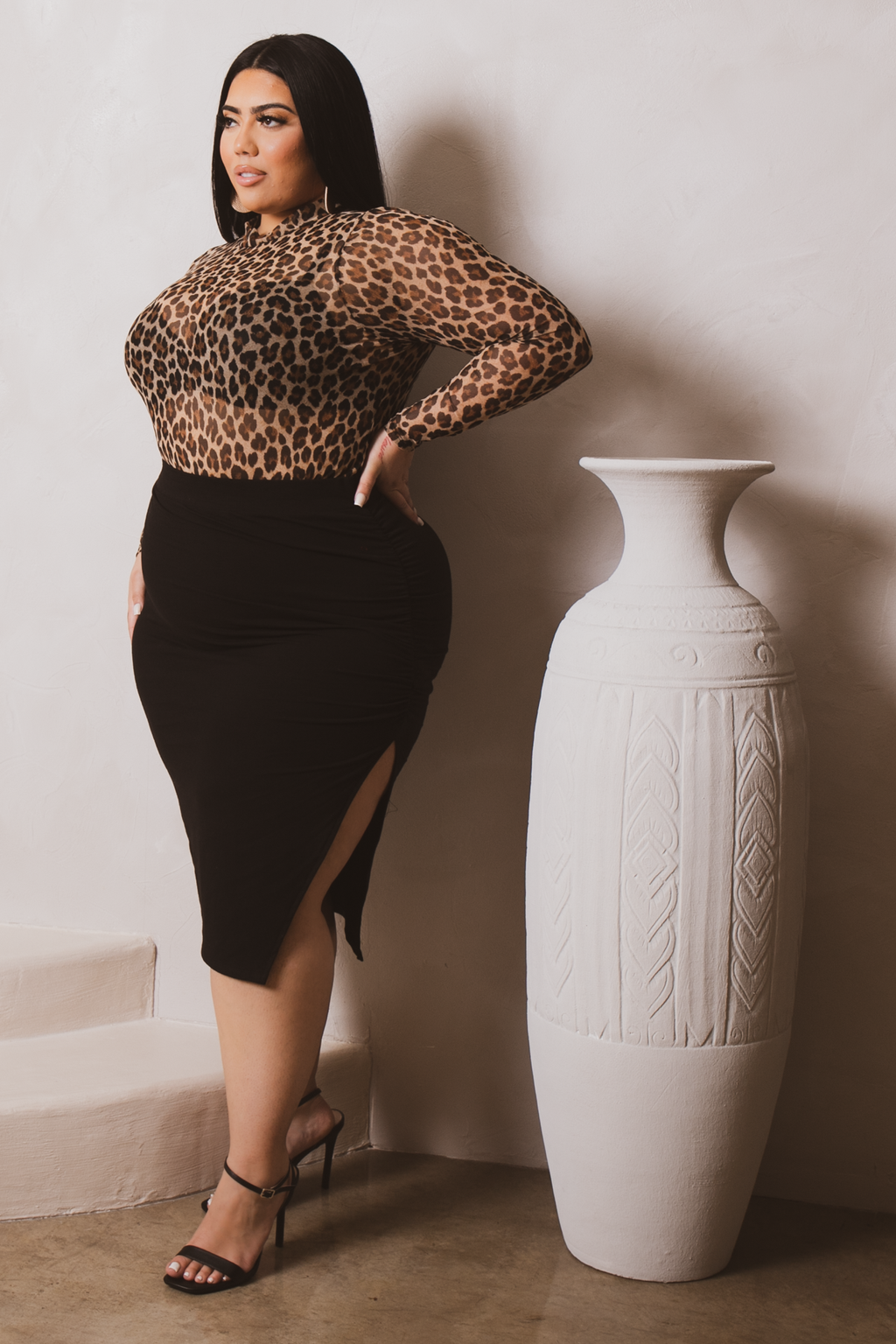 Plus Size Femi Rouched Midi  Skirt- Black