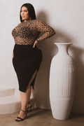 Plus Size Femi Rouched Midi  Skirt- Black