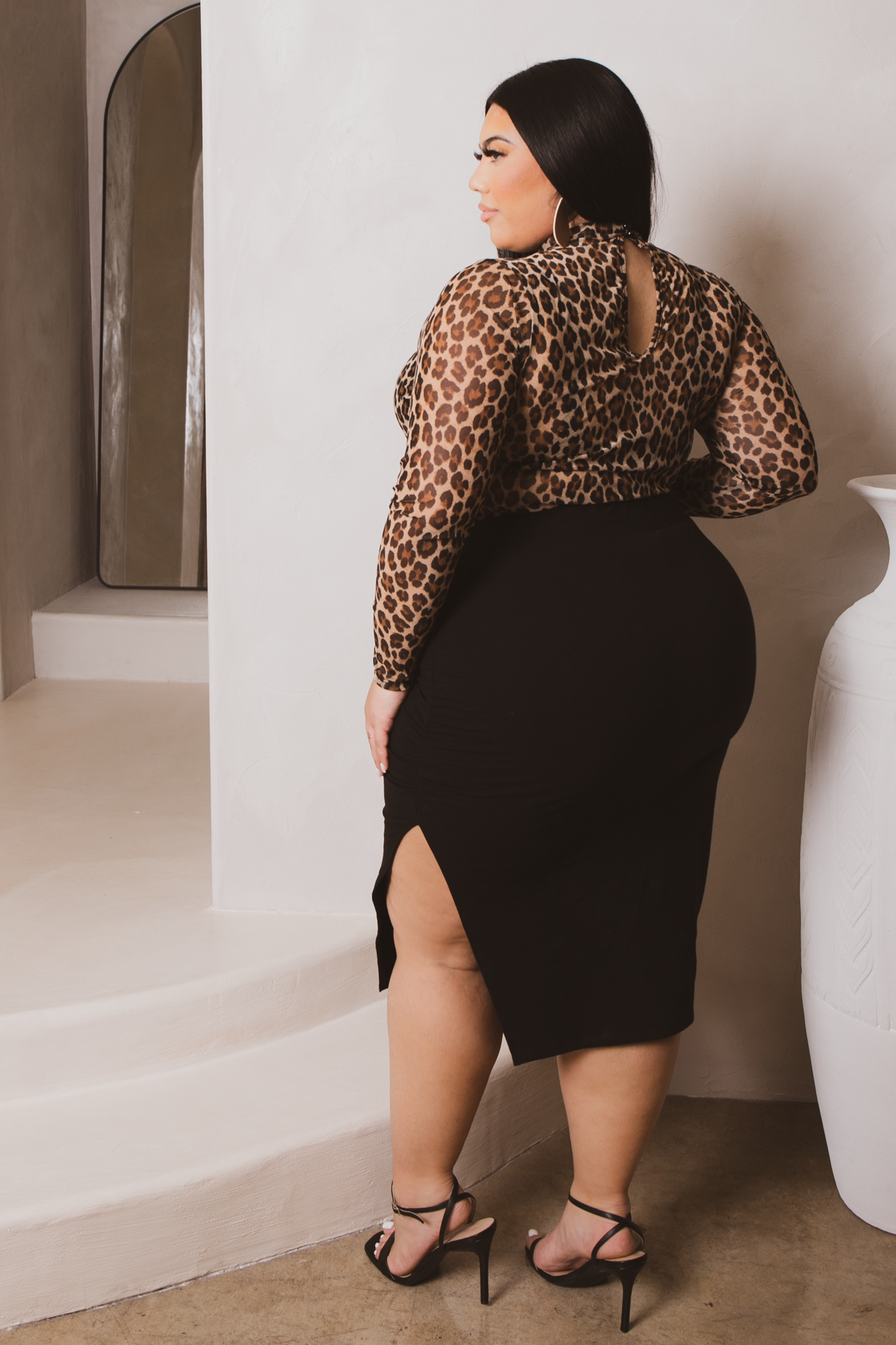 Plus Size Femi Rouched Midi  Skirt- Black