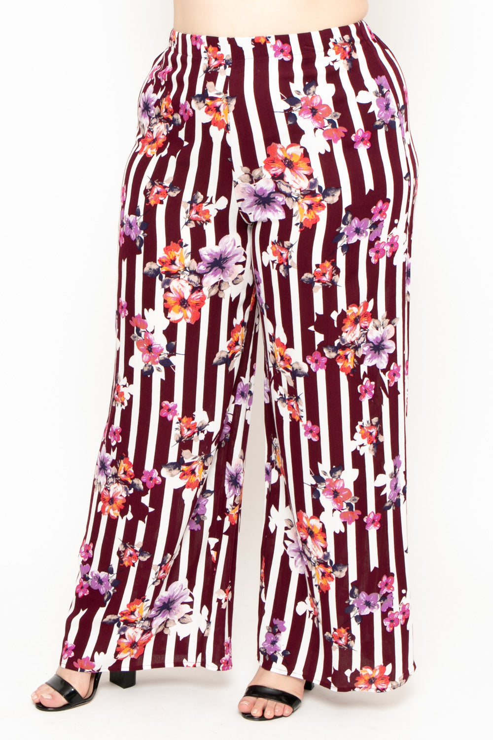 Plus Size Floral Print Wide-Leg Pants - Burgundy
