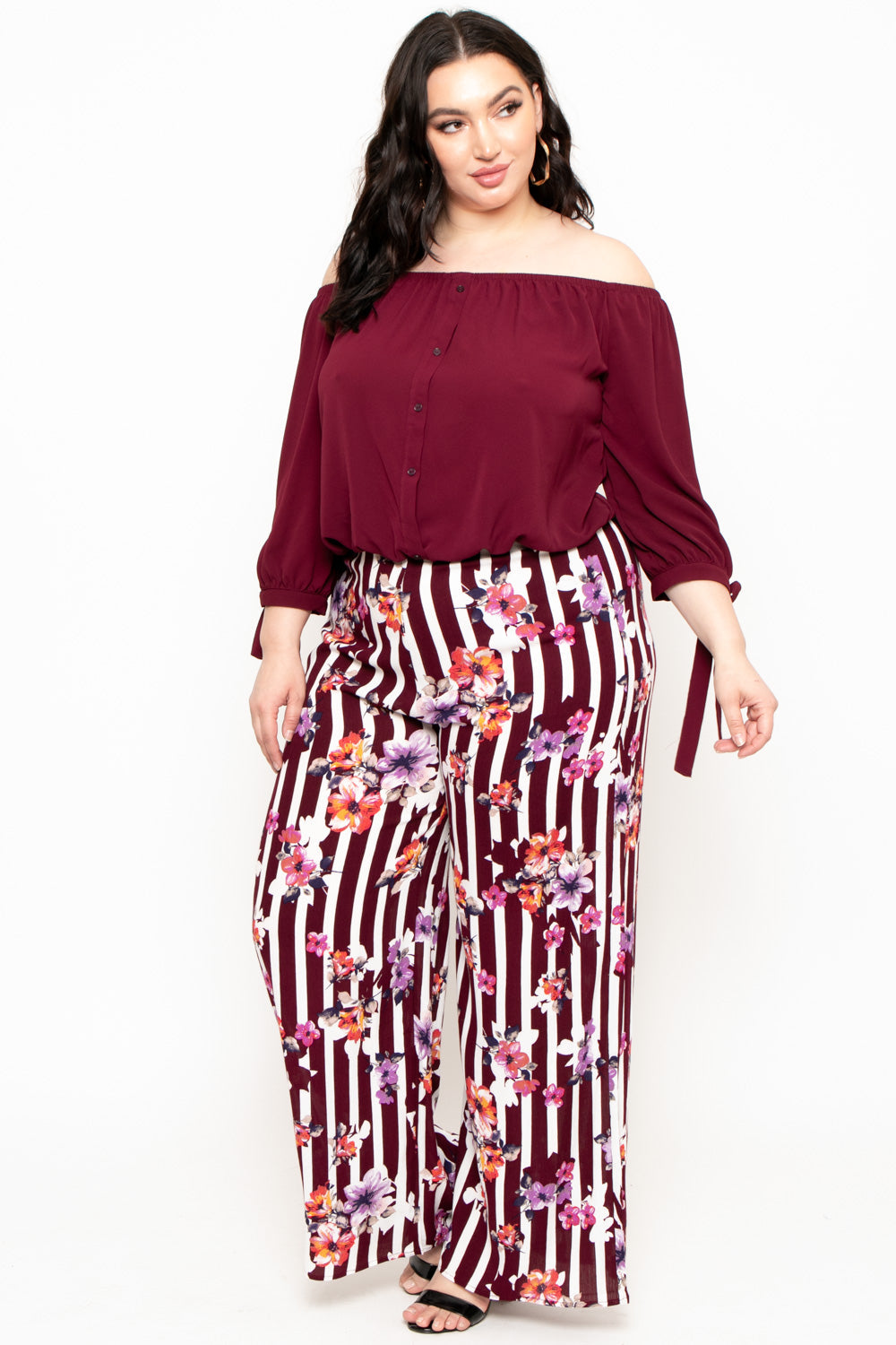 Plus Size Floral Print Wide-Leg Pants - Burgundy
