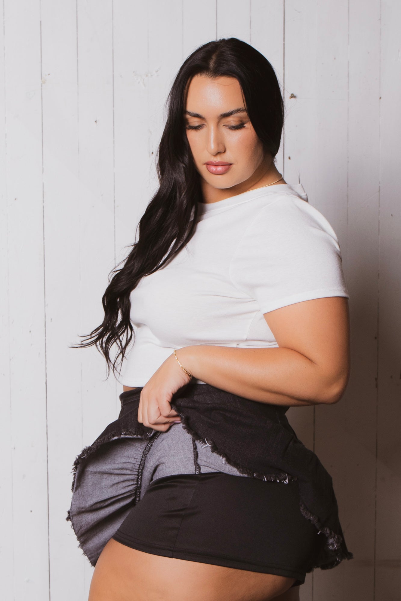Plus Size Lace up Denim Mini Skort - Black