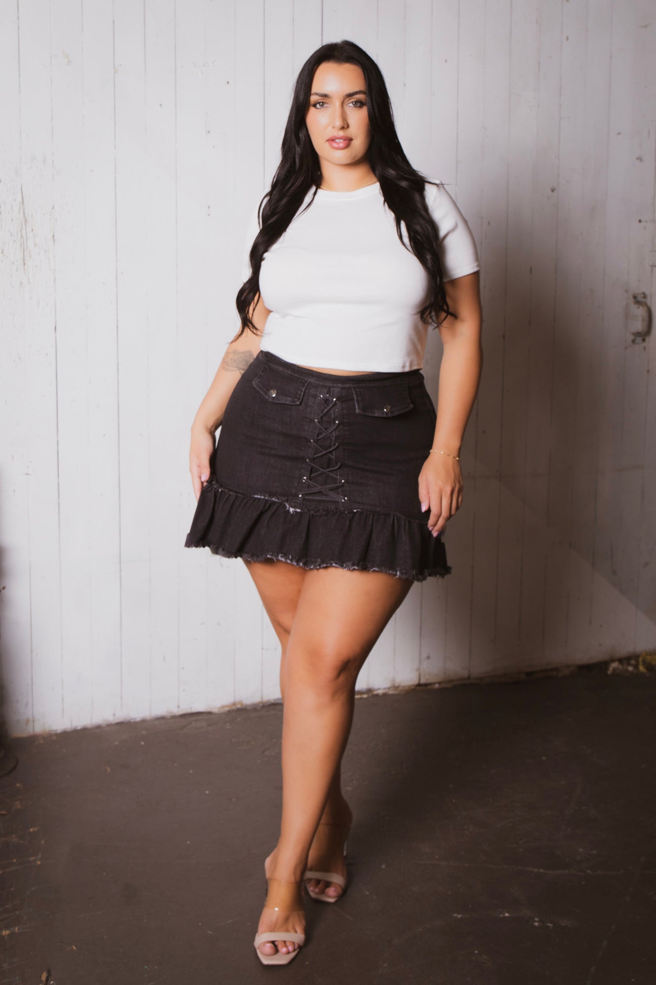 Plus Size Lace up Denim Mini Skort - Black