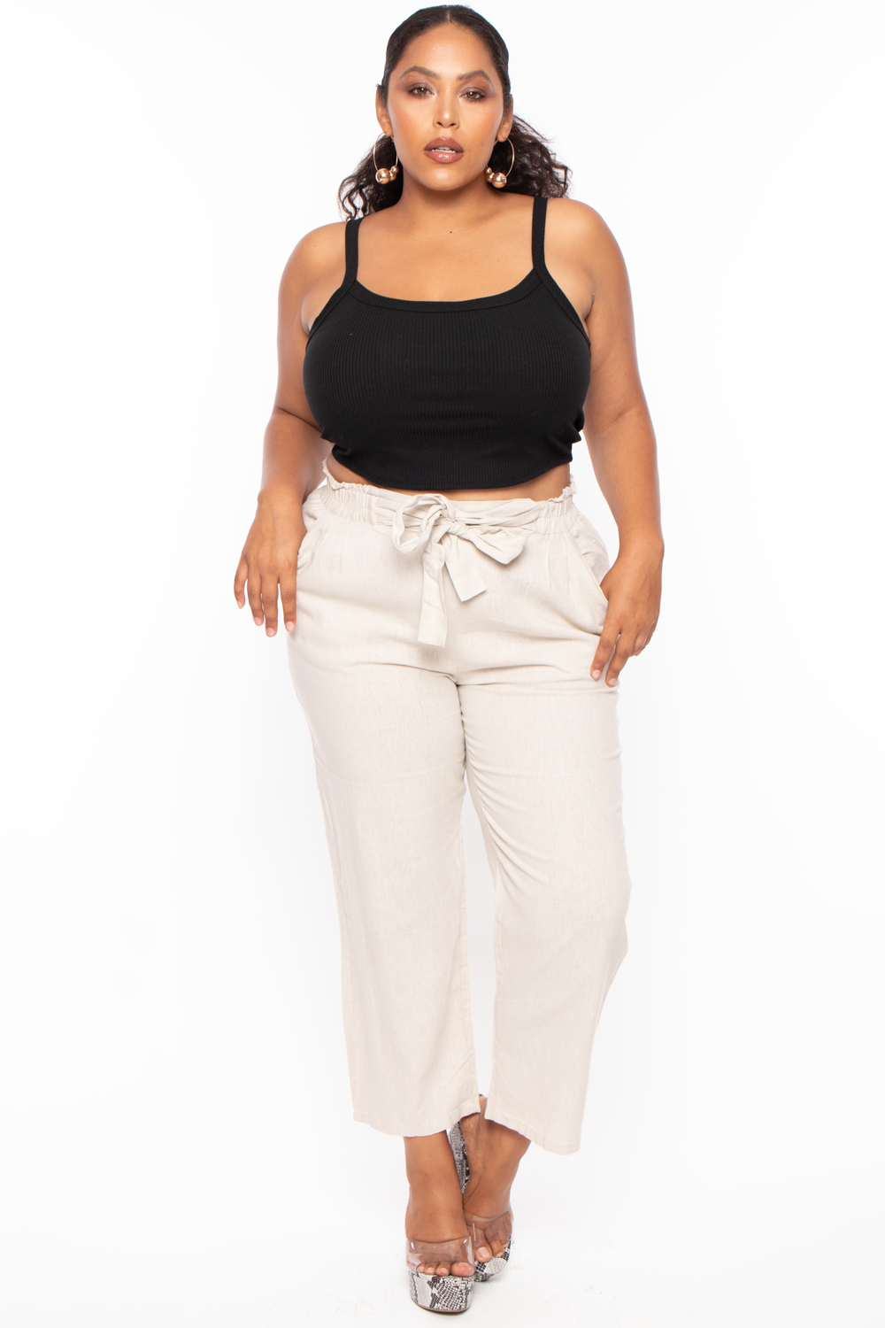 Plus Size Self Belted Linen Pants - Khaki
