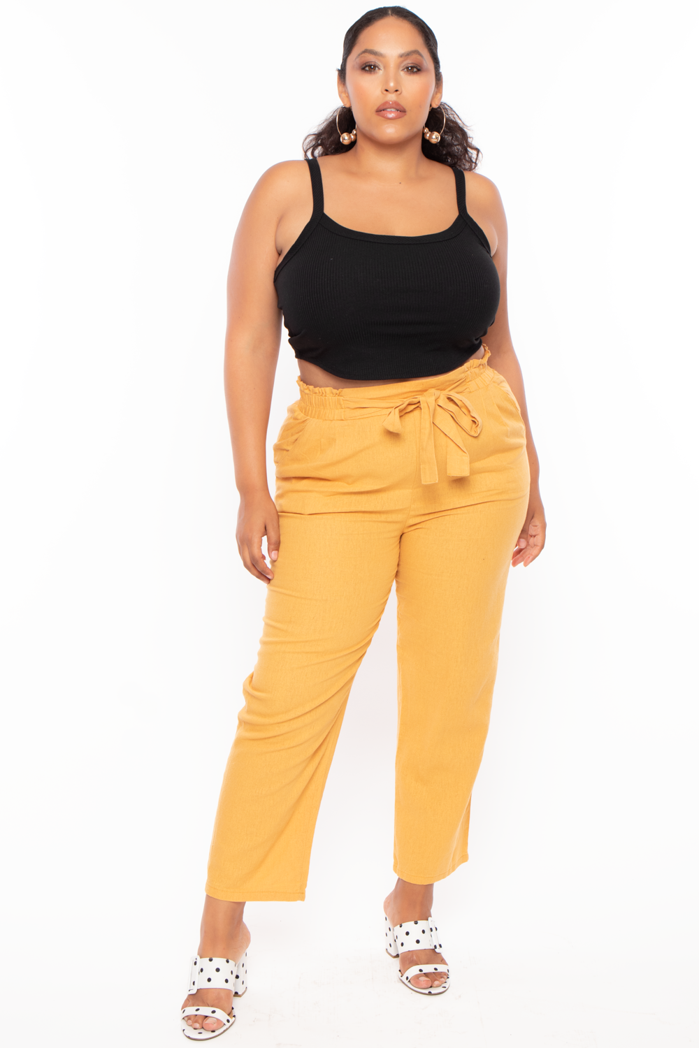 Plus Size Self Belted Linen Pants - Mustard