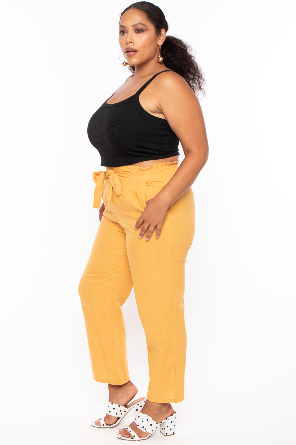 Plus Size Self Belted Linen Pants - Mustard