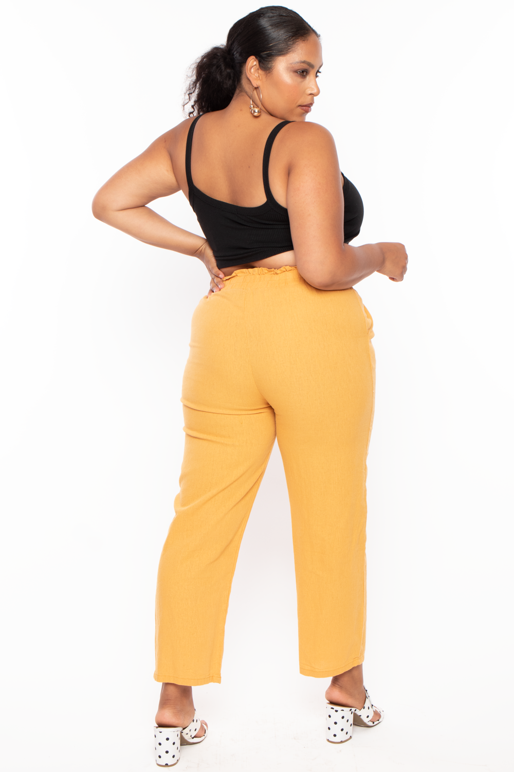 Plus Size Self Belted Linen Pants - Mustard