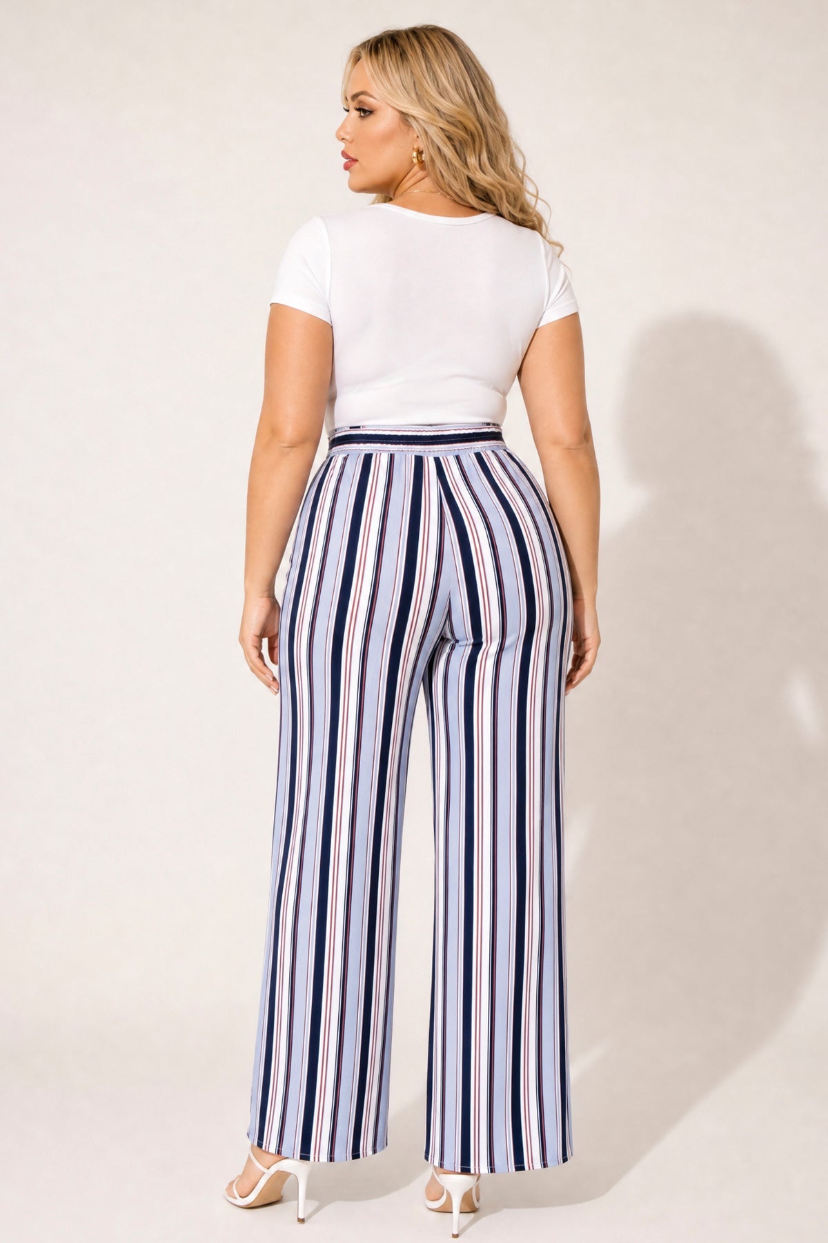 Plus Size Striped Belted Pants - Blue
