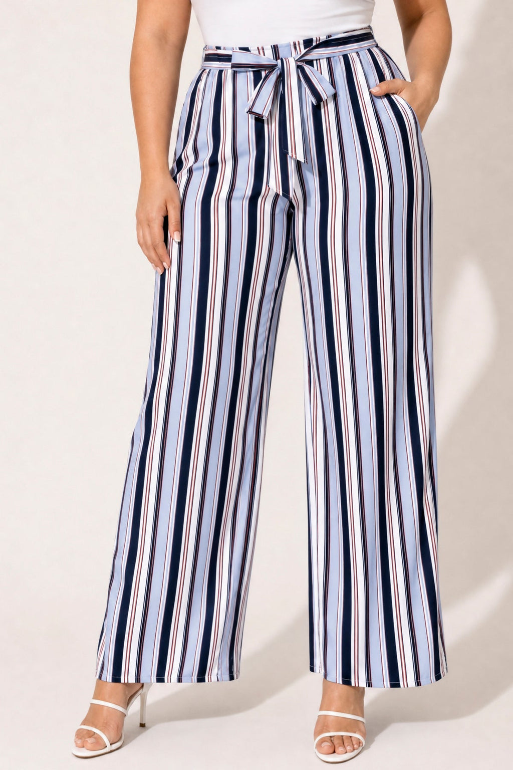 Plus Size Striped Belted Pants - Blue