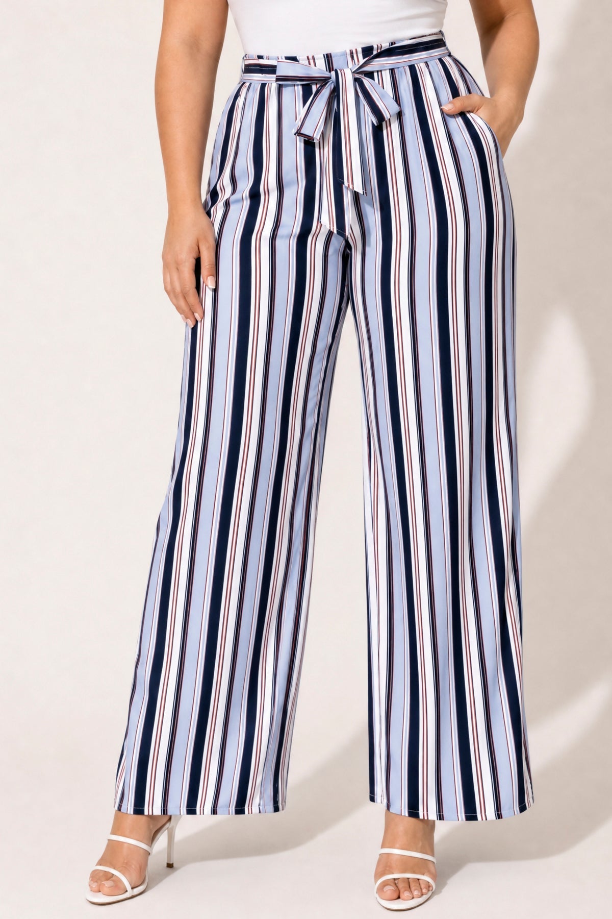 Plus Size Striped Belted Pants - Blue