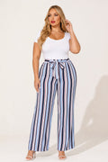 Plus Size Striped Belted Pants - Blue
