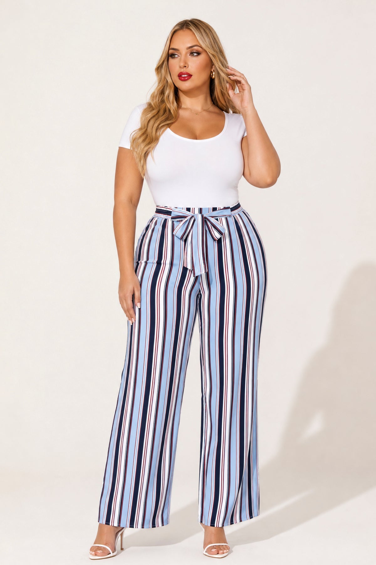 Plus Size Striped Belted Pants - Blue