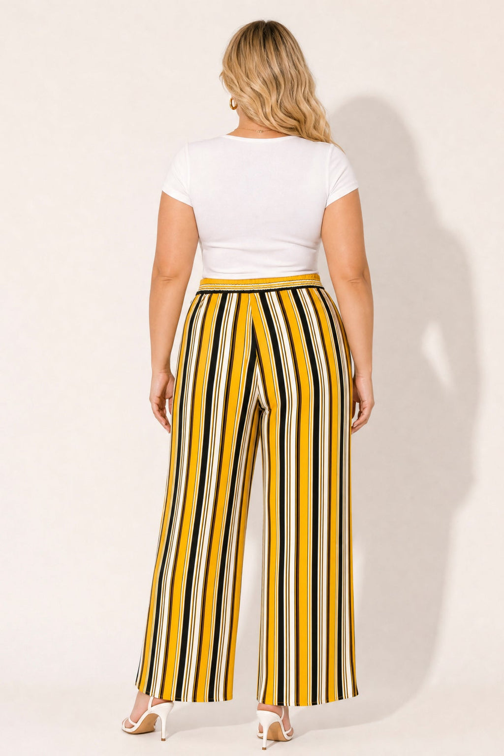 Plus Size Striped Belted Pants - Mustard