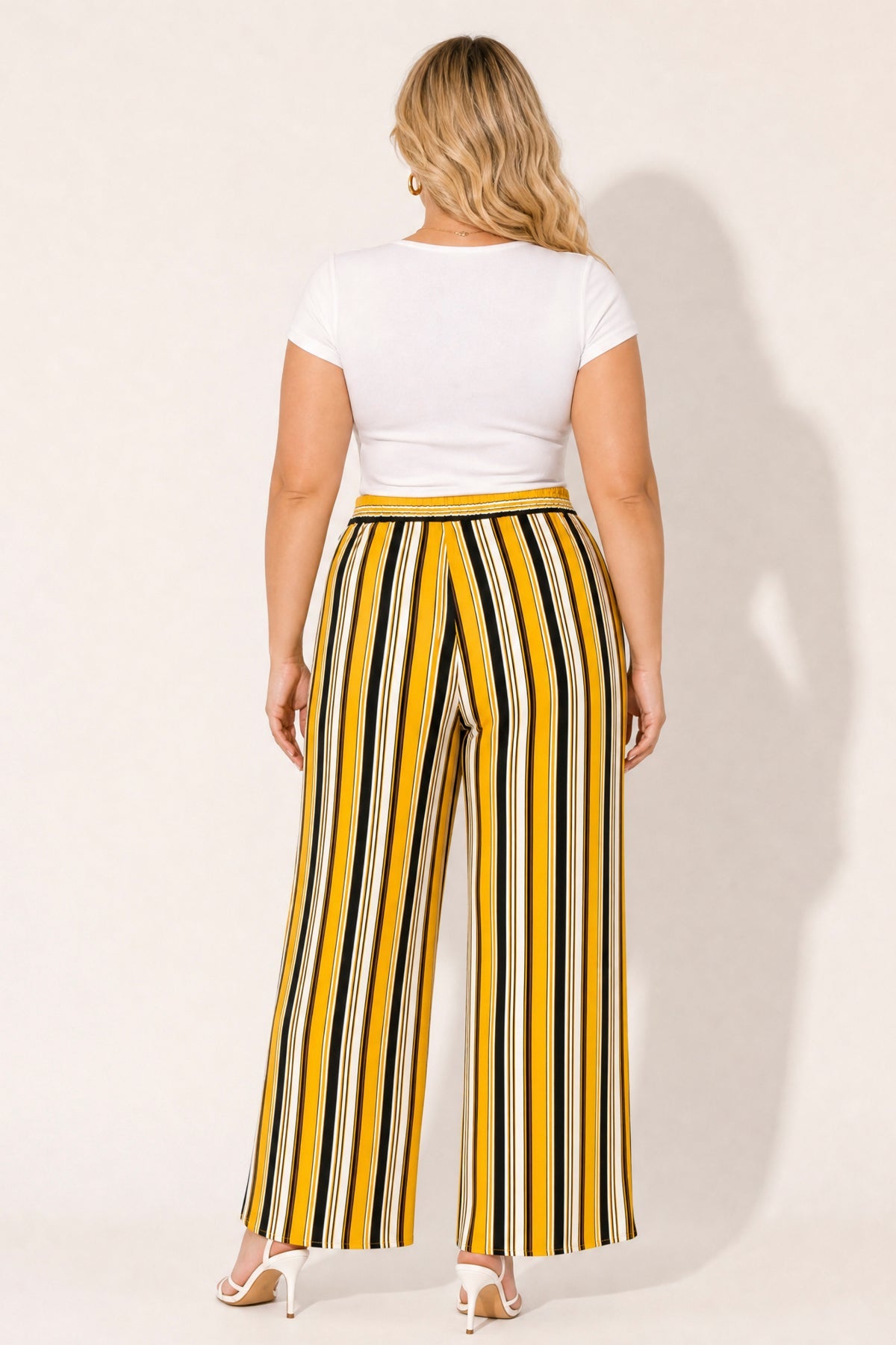 Plus Size Striped Belted Pants - Mustard