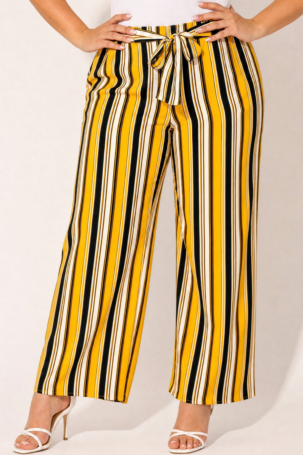 Plus Size Striped Belted Pants - Mustard