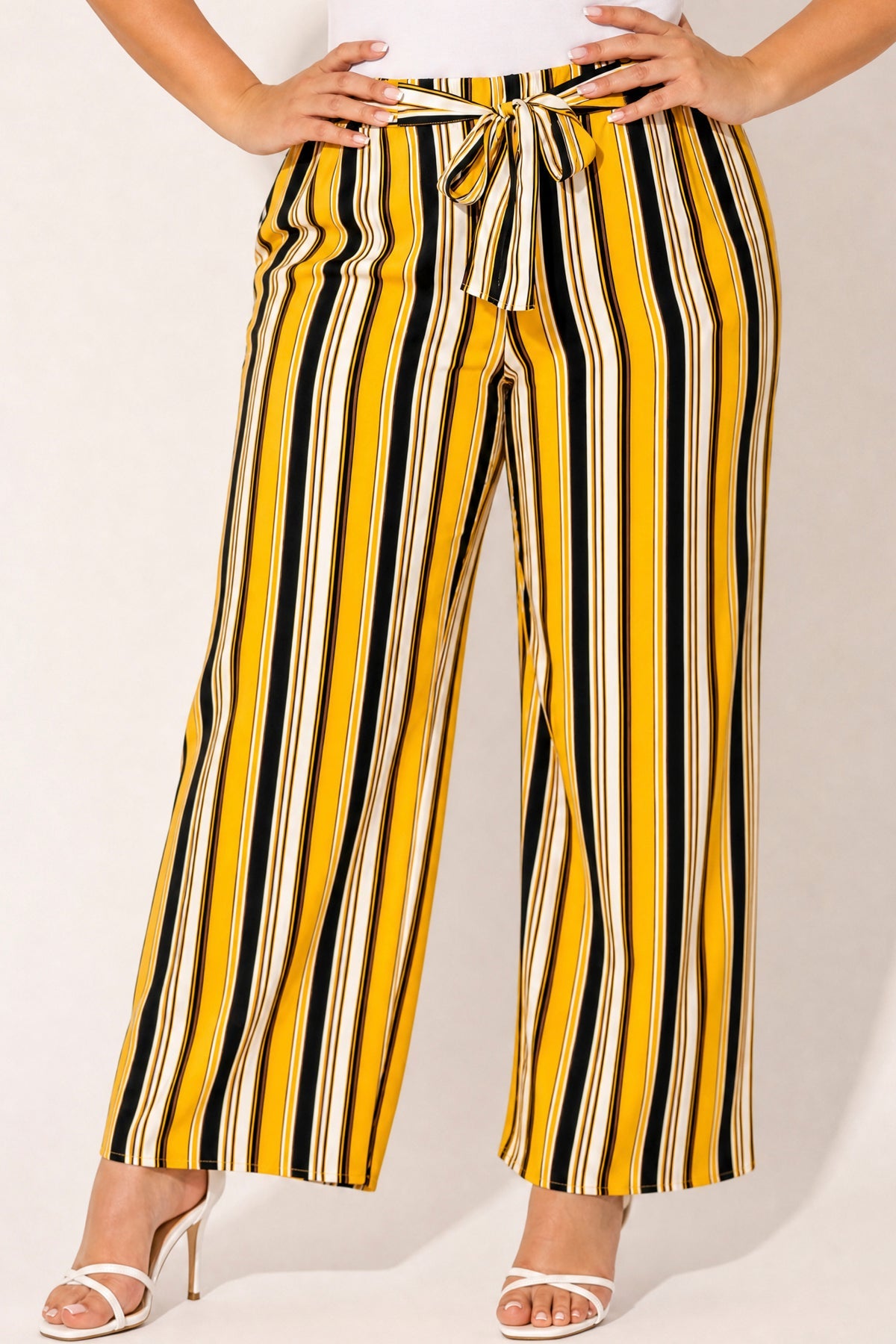 Plus Size Striped Belted Pants - Mustard