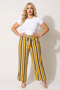 Plus Size Striped Belted Pants - Mustard