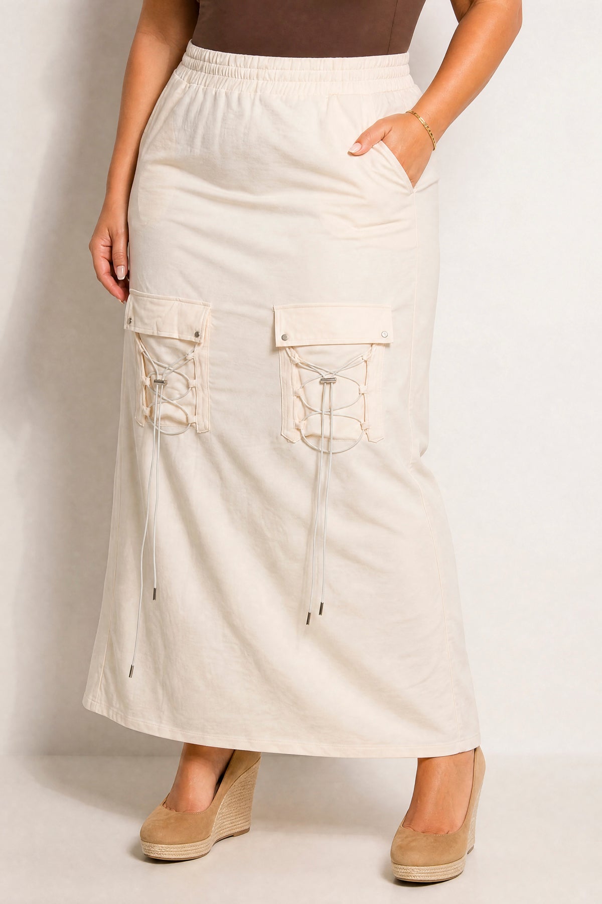 Plus Size Utility Luxe Cargo Maxi Skirt - Cream