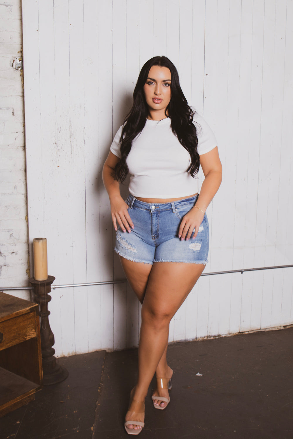 Plus Size Zelice  Distress Denim Short - Light Wash