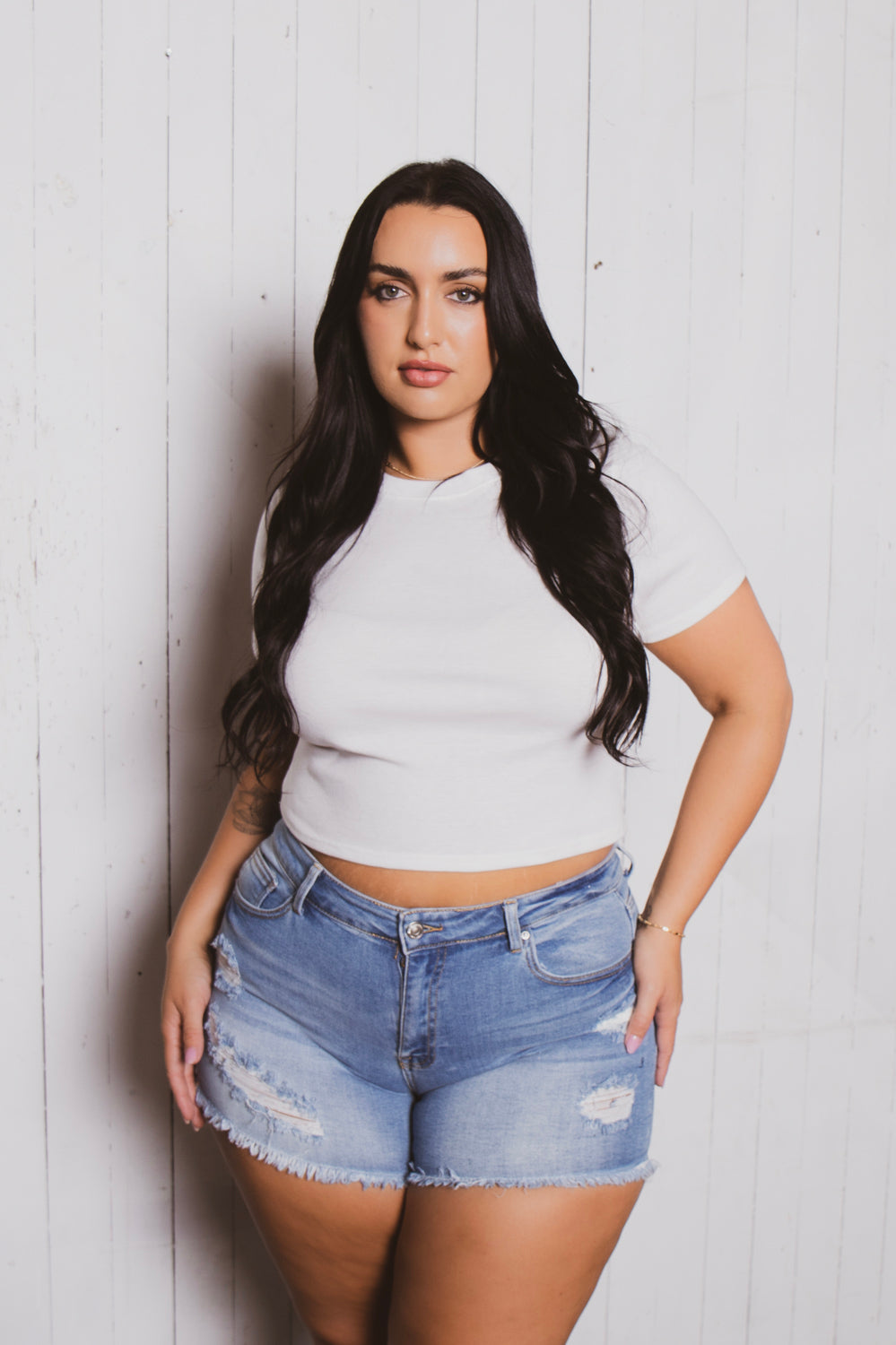 Plus Size Zelice  Distress Denim Short - Light Wash