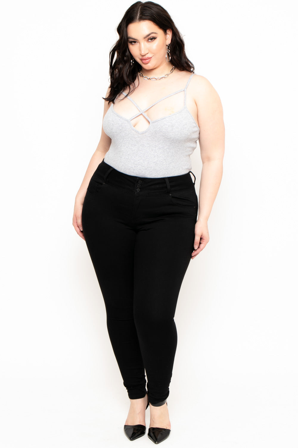 Plus Size Keyhole Ribbed Bodysuit - Heather Grey