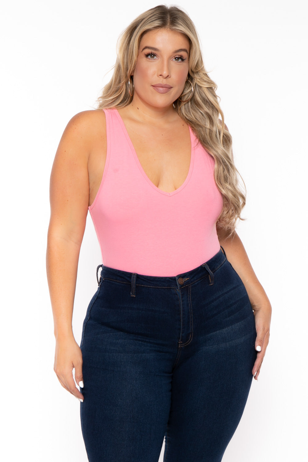 Plus Size V-Neck Bodysuit - Pink