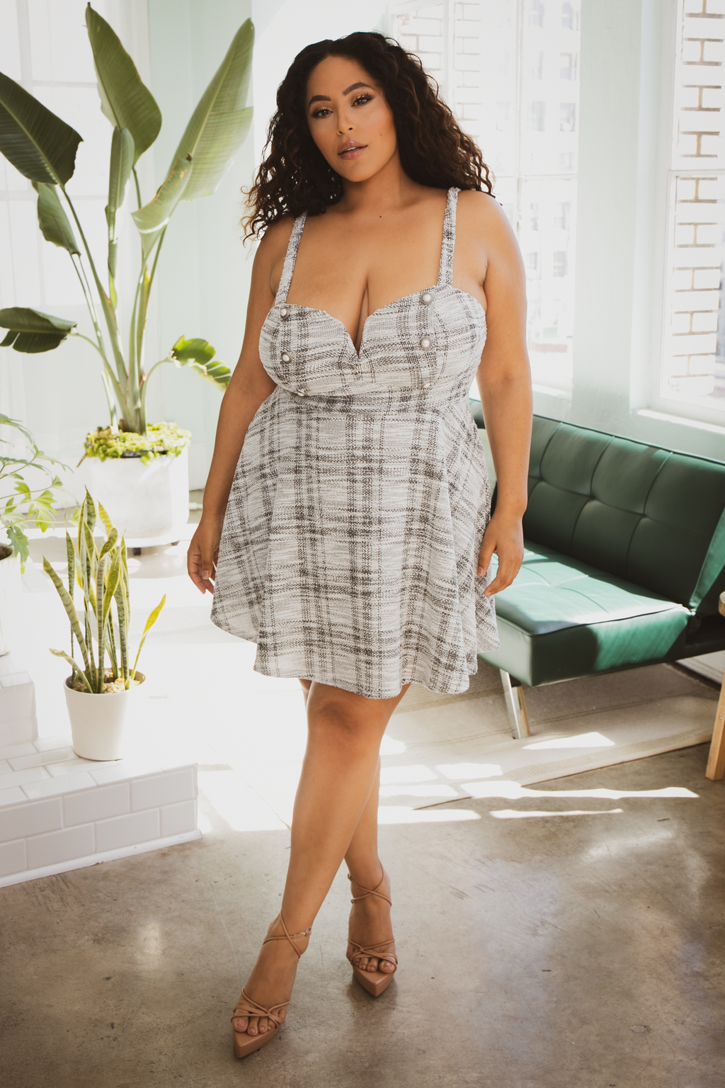 Plus Size Alizee Pearl Button Flare Dress- Black