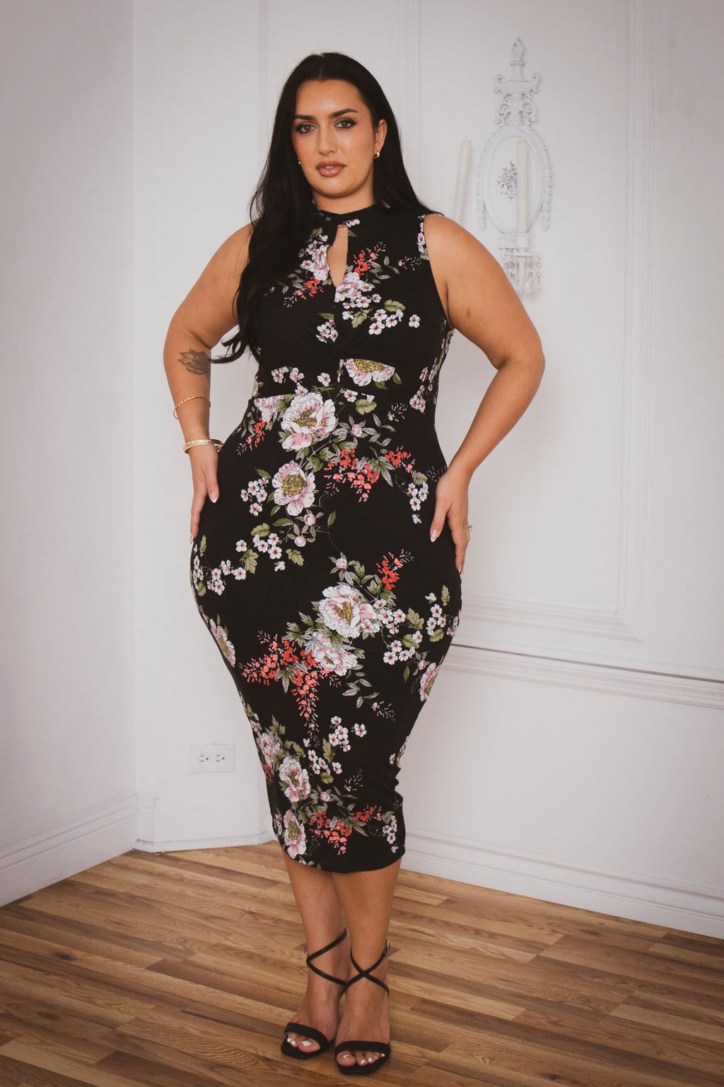 Plus Size Ameri Floral Bodycon Dress- Black
