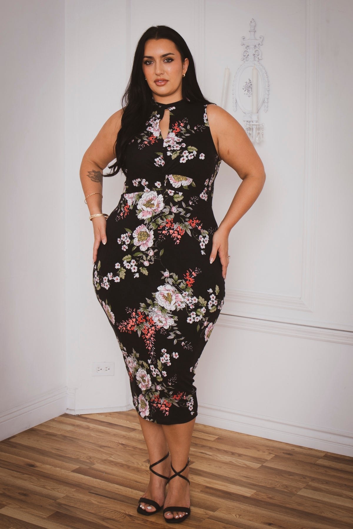 Plus Size Ameri Floral Bodycon Dress- Black