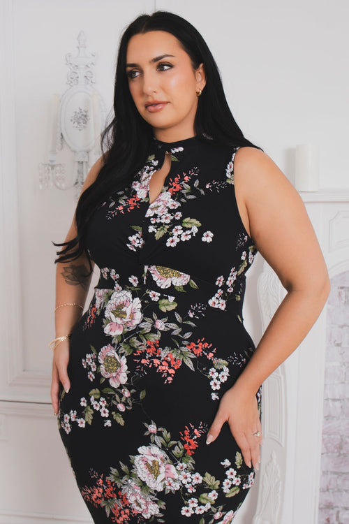 Plus Size Ameri Floral Bodycon Dress- Black