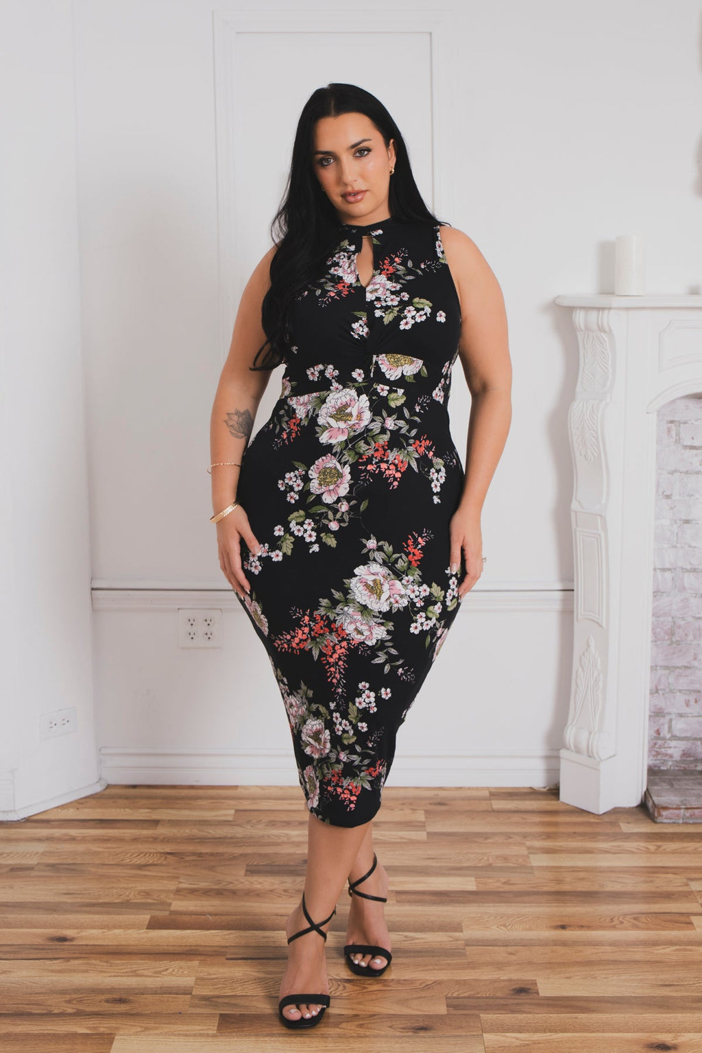 Plus Size Ameri Floral Bodycon Dress- Black