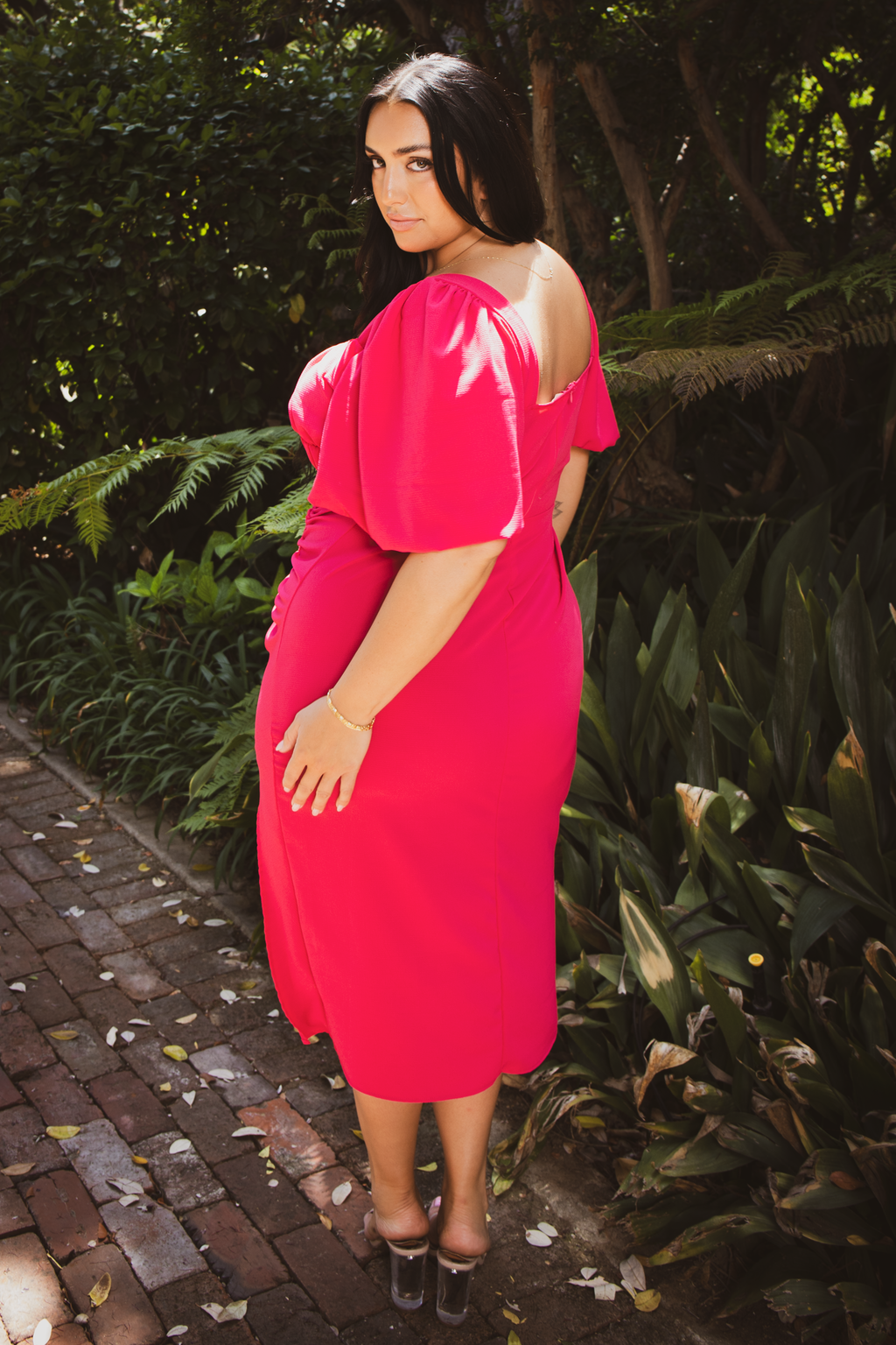 Plus Size Amora Ruched  Midi Dress -Fuchsia