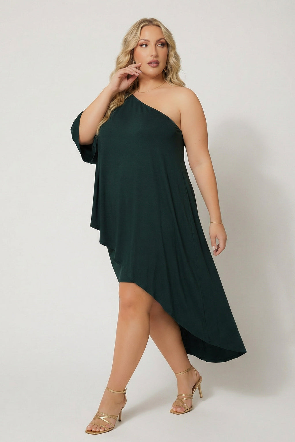 Plus Size Asymmetric Draped Dress - Hunter Green