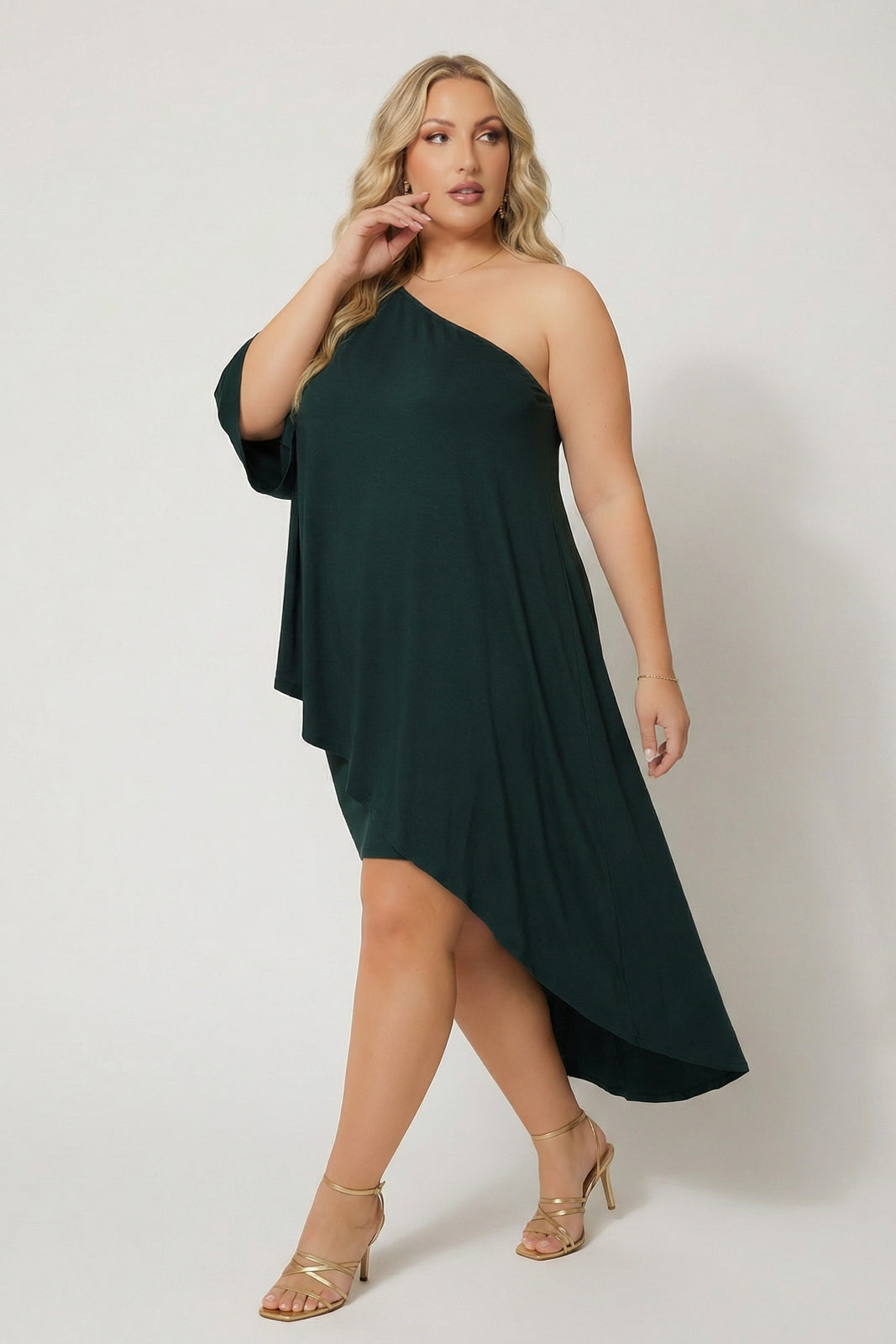 Plus Size Asymmetric Draped Dress - Hunter Green