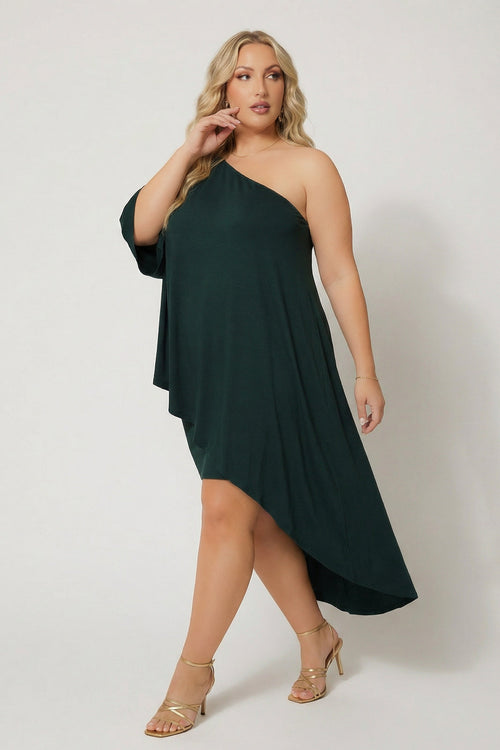 Plus Size Asymmetric Draped Dress - Hunter Green
