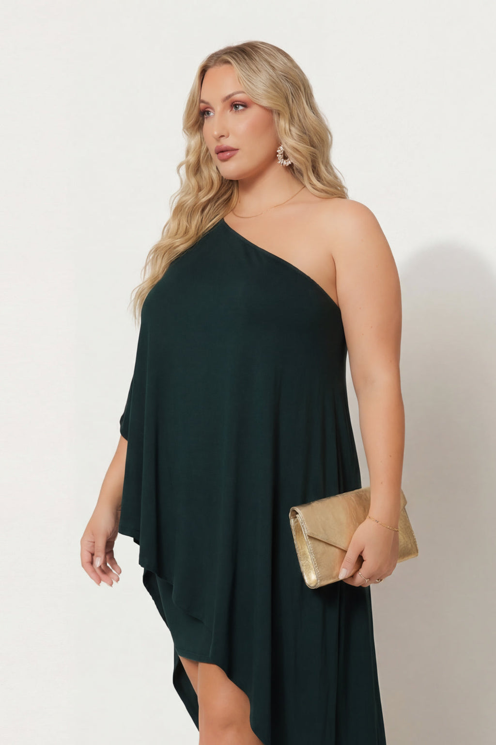 Plus Size Asymmetric Draped Dress - Hunter Green