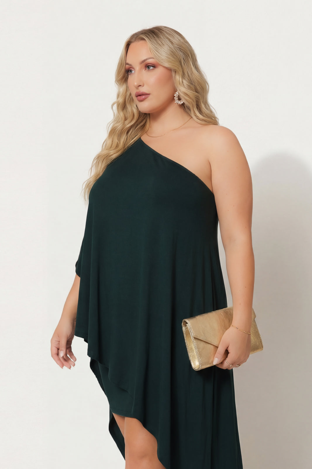 Plus Size Asymmetric Draped Dress - Hunter Green