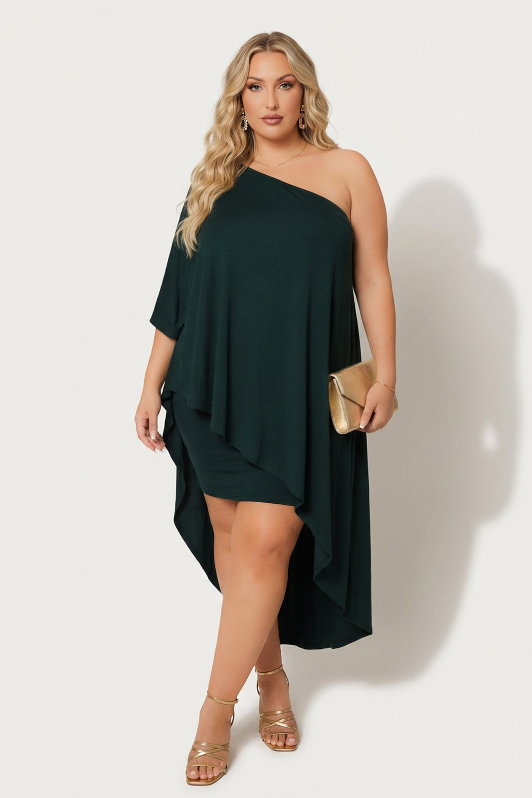 Plus Size Asymmetric Draped Dress - Hunter Green
