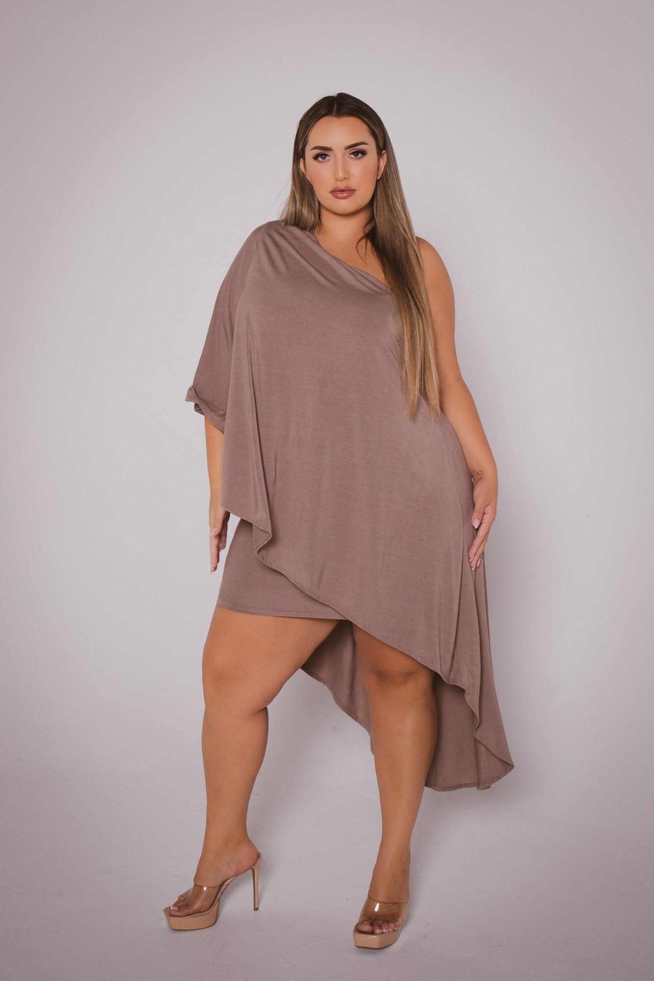 Plus Size Asymmetric Draped Dress - Mocha