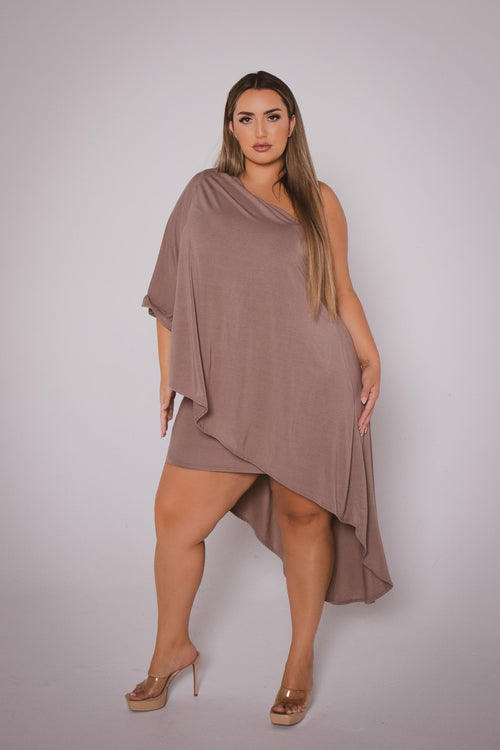 Plus Size Asymmetric Draped Dress - Mocha