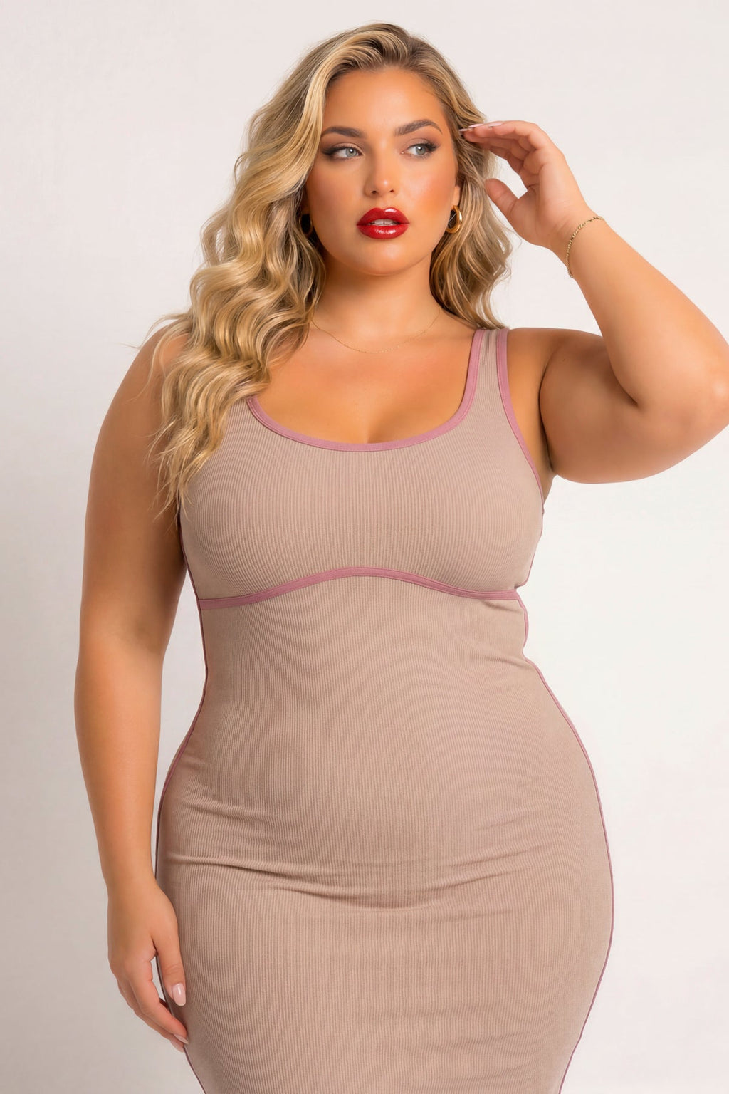 Plus Size Bold Lines Bodycon Dress - Taupe