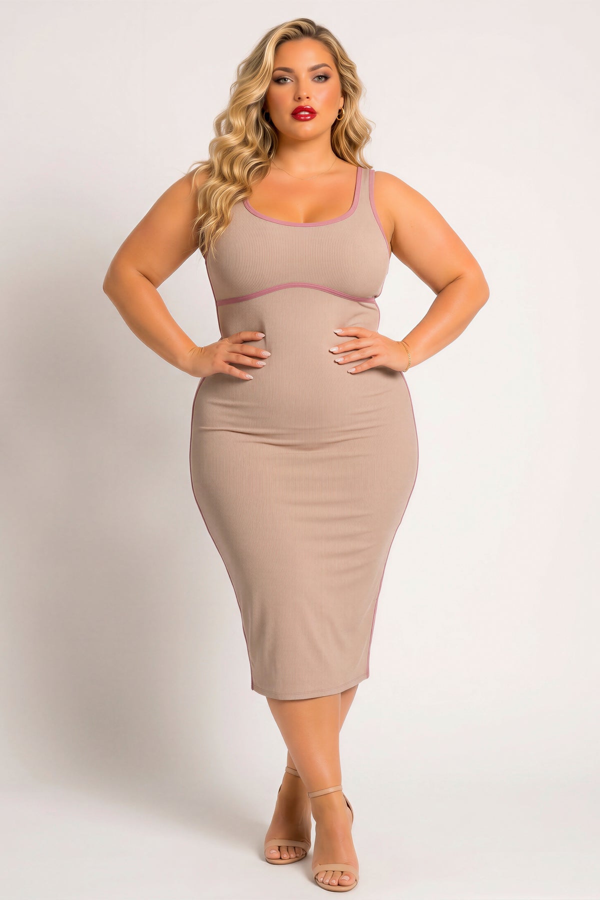 Plus Size Bold Lines Bodycon Dress - Taupe