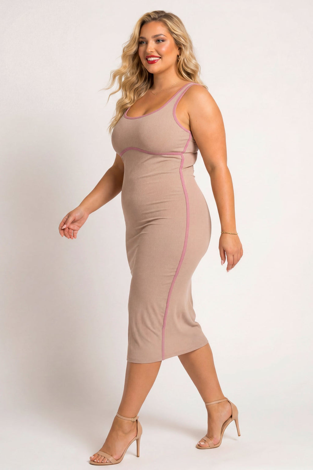 Plus Size Bold Lines Bodycon Dress - Taupe