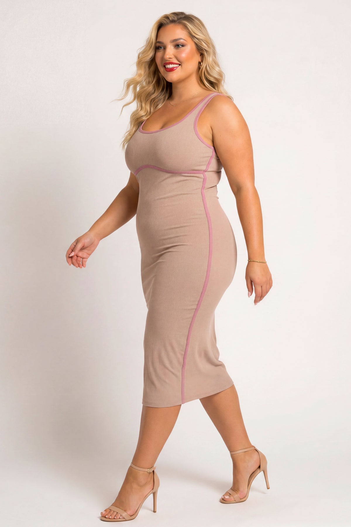 Plus Size Bold Lines Bodycon Dress - Taupe