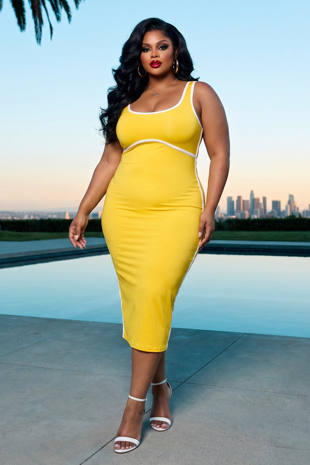 Plus Size Bold Lines Bodycon Dress - Yellow