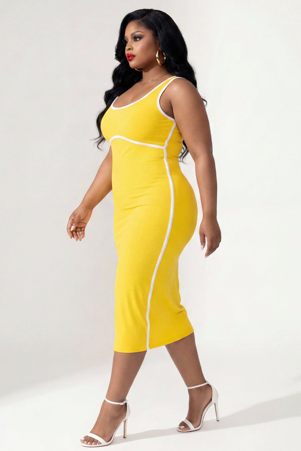 Plus Size Bold Lines Bodycon Dress - Yellow
