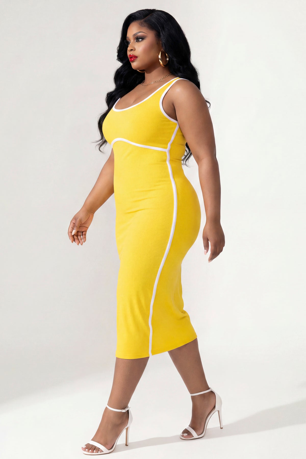 Plus Size Bold Lines Bodycon Dress - Yellow