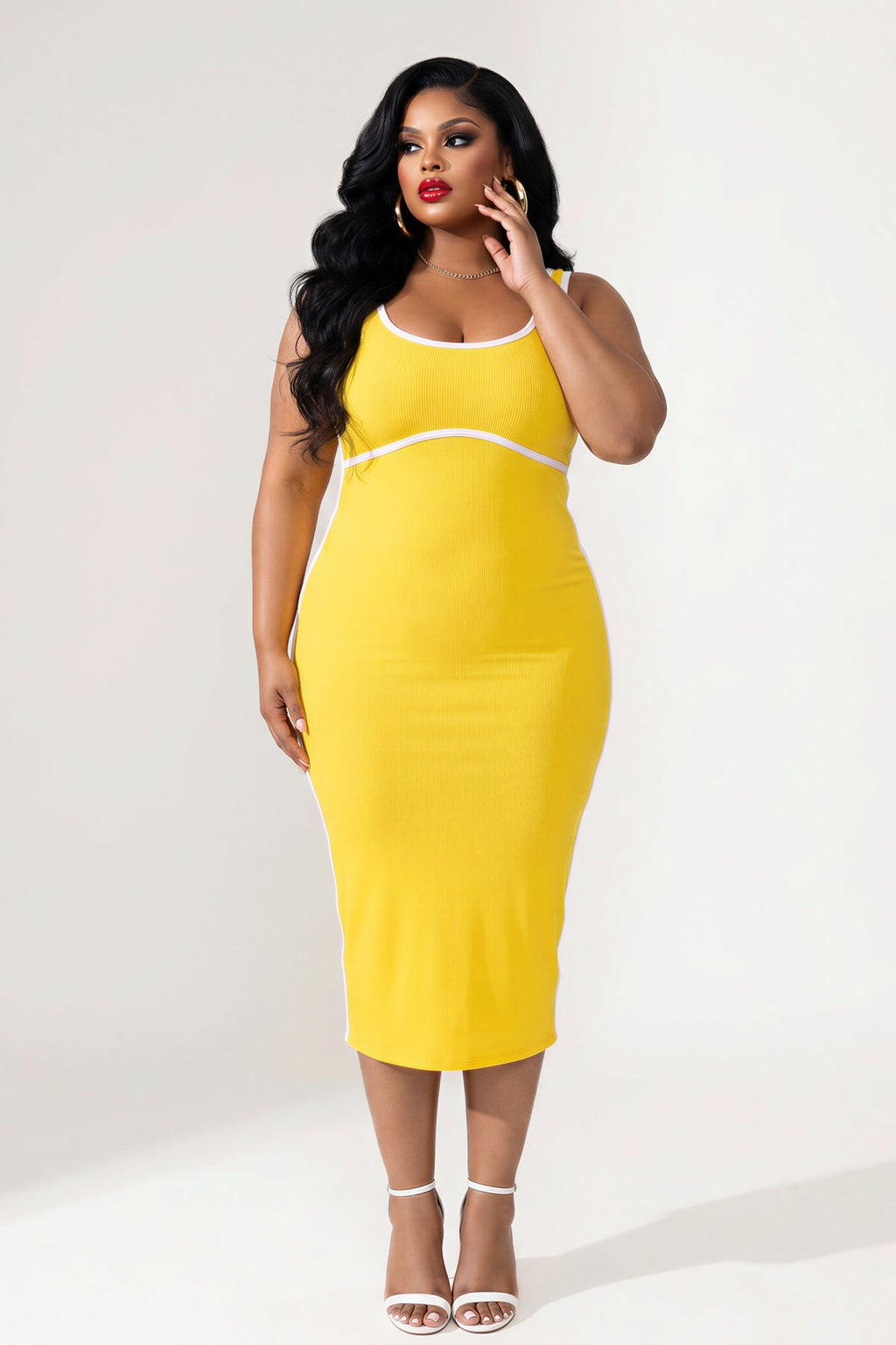 Plus Size Bold Lines Bodycon Dress - Yellow